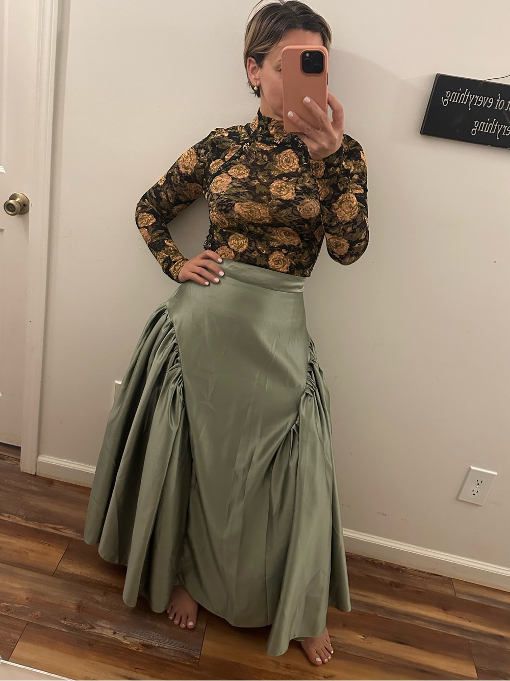 NWT Silk HightRise Olive Textured -Maxi Skirt /Gathered panel Sz Small - Picture 5 of 16
